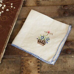 Vintage 1940s 1950s Napkin, Embroidered Flower Basket Linen Doily or Hankie